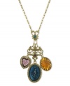 2028's antique-chic pendant necklace features three plastic stones placed in an intricate setting: heart-shaped amethyst with intaglio artwork, oval-shaped smoky topaz and oval-shaped indicolite. Crafted in gold tone mixed metal. Approximate length: 30 inches. Approximate pendant drop: 1-3/4 inches.