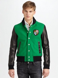 A traditional bomber style receives an update with urban-flare, with contrast leather sleeves, finished in a rich wool blend for an unforgettable look you'll enjoying sporting all over town.Snap button-frontStand collarFront slash pocketsRibbed knit collar, cuffs and hemAbout 23 from shoulder to hem80% wool/20% nylonDry cleanMade in Italy A traditional bomber style receives an update with urban-flare, with contrast leather sleeves, finished in a rich wool blend for an unforgettable look you'll enjoying sporting all over town.Snap button-frontStand collarFront slash pocketsRibbed knit collar, cuffs and hemAbout 23 from shoulder to hem80% wool/20% nylonDry cleanMade in Italy