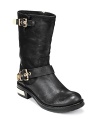 VINCE CAMUTO takes the moto boot gold in this polished pair featuring gilded buckles and logo plates: Well-heeled biker style.