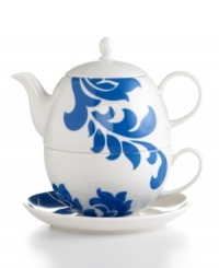 Bold design and uncompromising quality make this Lisbon tea set a real charmer. Featuring stenciled black florals on a stackable teapot, teacup and saucer for one from Martha Stewart Collection. (Clearance) Bold design and uncompromising quality make this Lisbon tea set a real charmer. Featuring stenciled black florals on a stackable teapot, teacup and saucer for one from Martha Stewart Collection. (Clearance)