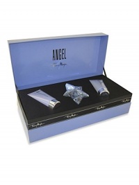 This sophisticated selection of Angel products, including a Refillable Shooting Star and an assortment of bath and body products, exudes luxury. This set is sure to please the ultimate Angel diva. Set includes: a 1.7 oz. Shooting Star Eau de Parfum Refillable Spray, 3.4 oz. Perfuming Body Lotion, 3.5 oz. Perfuming Shower Gel, and a Thierry Mugler Signature Vanity Case. This sophisticated selection of Angel products, including a Refillable Shooting Star and an assortment of bath and body products, exudes luxury. This set is sure to please the ultimate Angel diva. Set includes: a 1.7 oz. Shooting Star Eau de Parfum Refillable Spray, 3.4 oz. Perfuming Body Lotion, 3.5 oz. Perfuming Shower Gel, and a Thierry Mugler Signature Vanity Case.