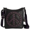 Peace out with this too-cool-for-school crossbody that revisits '70s flower power fashion. Soft leather is embellished with stud and stitched peace symbol, for a modern take on a blast from the past.
