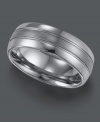 Simple design with a subtle hint of style. Triton men's ring features a sophisticated lined pattern set in tungsten carbide. Approximate band width: 8 mm. Sizes 8-15.