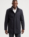 Incorporate this mid length wool-blend coat into your wardrobe of suiting separates and casual staples; Accented with leather trim, removable genuine shearling collar and a covered front button placket for a streamlined silhouette.Zip frontSide slash pocketsRear ventFully linedAbout 32 from shoulder to hem80% wool/20% polyamideDry cleanImported of Italian fabricFur origin: Portugal