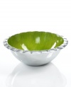 Full of surprises, this handcrafted salad bowls set from the Simply Designz collection of serveware and serving dishes pairs sleek, polished aluminum with a fluted edge and electric lemongrass hue. A beautiful way to serve greens, pasta and more.