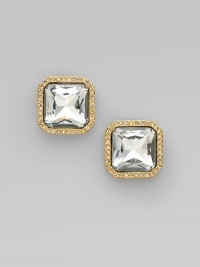 A simply chic piece with an arresting, faceted stone and pavé accents in a modern, rounded square shape. 12k goldplated white metalGlass stonesSize, about ½Post backImported 