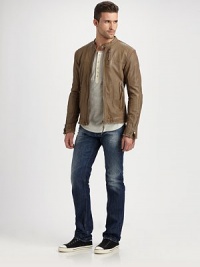 Unique interpretation of a classic bomber style with elbow patch detail and frayed cuffs and hem.Zip frontUpper chest, side zip pocketsFrayed cuffs and hemAbout 28 from shoulder to hemLeatherDry cleanImported Unique interpretation of a classic bomber style with elbow patch detail and frayed cuffs and hem.Zip frontUpper chest, side zip pocketsFrayed cuffs and hemAbout 28 from shoulder to hemLeatherDry cleanImported
