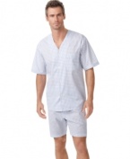 Get your summer sleepwear style going with this breezy short-sleeved shirt and shorts pajamas set from Club Room.