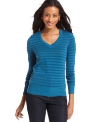 Shine on in Charter Club's metallic-striped V-neck sweater. Shine on in Charter Club's metallic-striped V-neck sweater.