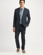 Slim-straight fit trouser in a spotted wool finish, treated to give the slubby-feel of a cozy, casual pant.Flat-front styleSide slash, back welt pocketsInseam, about 30WoolDry cleanImported