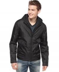 Add a layer of sleek to your style with the casual cool of this Guess jacket, designed with a removable hood so you can change up your look. Add a layer of sleek to your style with the casual cool of this Guess jacket, designed with a removable hood so you can change up your look.