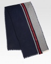 Midnight blue and red in wool/silk with fringe.55% wool/45% silk20W x 79HDry cleanMade in Italy