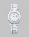 From the Fendi Ceramic Collection. A sleek ceramic design accented with a dazzling diamond dial and an useful date-function. Swiss quartz movementWater resistant to 5 ATMRound ceramic and stainless steel case, 38mm (1.5) Smooth white ceramic bezelDiamond accented white dial, .25 tcwBar hour markersDate display at 3 o'clockWhite ceramic and stainless steel link bracelet, 18mm wide (0.7)Made in Switzerland 