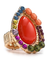 Rock a bold bauble with this coolly clustered ring from Aqua, accented by a rim of multi colored stones. Do hue dare? Rock a bold bauble with this coolly clustered ring from Aqua, accented by a rim of multi colored stones. Do hue dare?