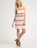 French-inspired ticking stripes and embroidery elevate this easy-fit silk shift styled with soft pleats around the neck.V-neckSleevelessPleats at bodiceBack VAbout 20 from natural waistSilkDry cleanImportedModel shown is 5'9½ (176cm) wearing US size Small.