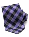 Tie in silk twill. Diagonal black and purple check all over.