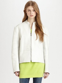 Clean and contemporary silhouette of buttery leather with exposed zippers and a versatile belt. Collar with single shoulder snapped strapFront zip closureLong sleevesDetachable adjustable leather beltBack zip openings for beltDual adjustable zip vents to hemAbout 24 from shoulder to hemLeatherDry cleanImportedModel shown is 5'10 (177cm) wearing US size 4. Clean and contemporary silhouette of buttery leather with exposed zippers and a versatile belt. Collar with single shoulder snapped strapFront zip closureLong sleevesDetachable adjustable leather beltBack zip openings for beltDual adjustable zip vents to hemAbout 24 from shoulder to hemLeatherDry cleanImportedModel shown is 5'10 (177cm) wearing US size 4.