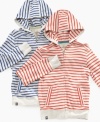 He can hit the beach or relax with his crew in one of these comfortable striped hooded henleys from Epic Threads.