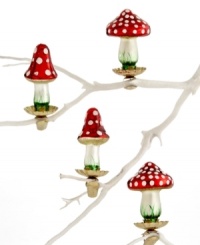 Cap off every branch with a clip-on mushroom ornament from Martha Stewart Collection. Featuring red, white and green accents on molded glass. Cap off every branch with a clip-on mushroom ornament from Martha Stewart Collection. Featuring red, white and green accents on molded glass.