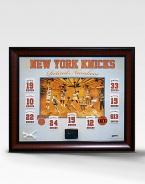 This gorgeous retired-numbers collage is a must have for any New York Knicks fan. This handsomely framed collage features a rare photograph of every Knick legend, a replica of their retired-number banner and a piece of authentic game-used cort and net. A must-have for any Knicks fan.Includes piece of game-used court, net and certificate of authenticity 35W X 30H Made in USA 