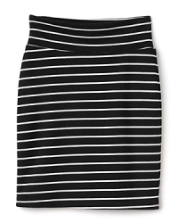 A chic summertime essential, this mini skirt is banded at the waist and adorned with narrow horizontal stripes from hip to hem. A chic summertime essential, this mini skirt is banded at the waist and adorned with narrow horizontal stripes from hip to hem.