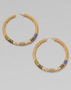 Richly textured hoops set with a stunning spectrum of colored glass stones.GlassBrassDiameter, about 1¾Post backImported