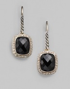 From the Noblesse Collection. A squared drop of faceted black onyx, framed by sparkling diamonds, hangs from a cable of sterling silver. Diamonds, 0.42 tcw Black onyx Sterling silver Drop, about ½ Ear wire Imported