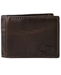 The burnished leather of this bifold wallet from Fossil adds to your rugged yet refined style. The burnished leather of this bifold wallet from Fossil adds to your rugged yet refined style.
