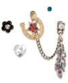 Betsey Johnson's set of five stud earrings comes with a gold tone horseshoe with fuchsia-colored crystal heart, silver tone feather with pink-colored crystal accents with gold tone chain, small round blue stud, gold tone flower with crystal accent and faceted crystal heart stud. Set in antiqued gold tone mixed metal. Approximate drop(s): 1/10 to 1-1/2 inches.