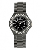 Style&co. lights up the dark with this lovely watch. Hematite tone mixed metal bracelet and round case. Bezel embellished with crystal accents. Glossy black dial features applied silver tone numerals, minute track, three hands and logo. Quartz movement. Splash resistant. Two-year limited warranty.