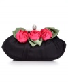 Add a pretty pop of color to your basic black with this flirty clutch design from La Regale. Red roses and a rhinestone-embellished closure adorn the outside, while a slender strap is discretely hidden within.