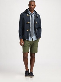 A casual zip-front style with attached hood and toggle buttons.HoodFront zipper and toggle-button closureButton tab at neckButtoned sleeve cuffsPatch pocketsAbout 29½ from shoulder to hemCottonMachine washImported A casual zip-front style with attached hood and toggle buttons.HoodFront zipper and toggle-button closureButton tab at neckButtoned sleeve cuffsPatch pocketsAbout 29½ from shoulder to hemCottonMachine washImported