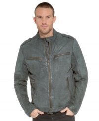Roughen up. Add some edge to any outfit with this cool leather moto jacket from Marc New York. Roughen up. Add some edge to any outfit with this cool leather moto jacket from Marc New York.