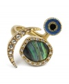 Ward off evil spirits in style. This evil eye ring by RACHEL Rachel Roy is crafted with sparkling crystal accents, a crystal moon, and a shimmering Abalone shell. Set in gold tone mixed metal. Ring adjusts to fit finger.