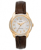 Rosy features, classic leather and magnificent diamond shine combine to create a handsome Bulova timepiece.