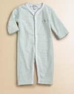 Baby's got two great looks, an allover print on one side and gingham print when reversed. Front snaps to bottom for a quick change Picot trim Cotton; machine wash Imported