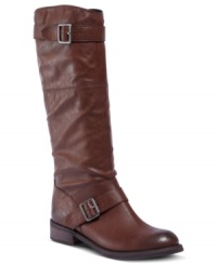 Powerful and tall. DV by Dolce Vita's Twisp riding boots feature buckled straps across the vamp and top of shaft and a small stacked heel. Powerful and tall. DV by Dolce Vita's Twisp riding boots feature buckled straps across the vamp and top of shaft and a small stacked heel.
