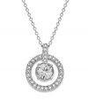 Two of a kind: Swarovski's shimmering double circle crystal pendant necklace has an eye-catching effect for day or evening. Pair it with a V-neck silhouette for maximum impact. Setting and chain crafted in ruthenium tone mixed metal. Approximate length: 15 inches. Approximate drop: 1-1/4 inches.