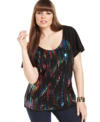 Dazzle from day to night in Belle Du Jour's short sleeve plus size top, flaunting a sequined print-- team it with your go-to jeans! Dazzle from day to night in Belle Du Jour's short sleeve plus size top, flaunting a sequined print-- team it with your go-to jeans!