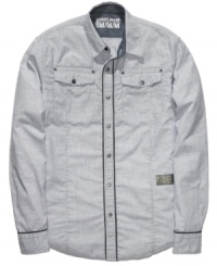 Change your pattern of casual dress with this slub-striped workshirt from DKNY. Change your pattern of casual dress with this slub-striped workshirt from DKNY.