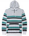 Stripes styled for unmatched surfer dude attitude: Univibe's pullover hoodie with henley neck and kangaroo pocket.