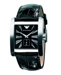 Rock solid style day and night. This Emporio Armani watch features a croc-embossed black leather strap with a stainless steel square case. Black dial with silvertone roman numerals. Silvertone logo, two hands and subdial. Quartz movement. Water resistant to 30 meters. Two-year limited warranty. Rock solid style day and night. This Emporio Armani watch features a croc-embossed black leather strap with a stainless steel square case. Black dial with silvertone roman numerals. Silvertone logo, two hands and subdial. Quartz movement. Water resistant to 30 meters. Two-year limited warranty.