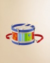 A real drum--designed in bright colors for a child--features two heavy-duty surfaces, wood drum sticks and a fabric strap so the drum can be worn while played. Includes tuning key, two drum sticks Metal supports can be tightened (with adult supervision) for tuning Recommended for ages three and up 8¾W X 6½D X 8¾H Imported