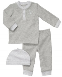 Keep him stylish even in those casual moments with this 3-piece striped henley shirt, pant and beanie set from Carter's. Keep him stylish even in those casual moments with this 3-piece striped henley shirt, pant and beanie set from Carter's.