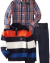 Izod Kids Boys 2-7 Stripe Sweater Plaid Shirt and Jean 3 Piece Set, Sport Navy, 6 Regular