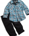 GUESS Kids Boys Long-Sleeve Shirt & Pants Set, PLAID (24M)