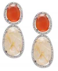 Inspired by nature, these stunning drop earrings highlight organically-shaped carnelian (24-3/4 ct. t.w.) and gold rutilated quartz (10 ct. t.w.) surrounded by round-cut diamonds (1/5 ct. t.w.). Set in 14k gold over sterling silver. Approximate drop: 1-3/4 inches. Inspired by nature, these stunning drop earrings highlight organically-shaped carnelian (24-3/4 ct. t.w.) and gold rutilated quartz (10 ct. t.w.) surrounded by round-cut diamonds (1/5 ct. t.w.). Set in 14k gold over sterling silver. Approximate drop: 1-3/4 inches.