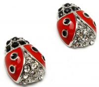 Precious Crystal Accented Small 1/2 Red and Black Enamel Ladybug Stud Earrings Silver Plated Precious Crystal Accented Small 1/2 Red and Black Enamel Ladybug Stud Earrings Silver Plated