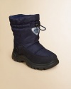 A sporty, waterproof boot with a non-slip sole and suede accents.Pull-on styleAdjustable toggle closureSuede and microfiber upperBreathable fabric liningRubber soleCushioned leather insoleImported