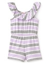 So easy to run, jump and play in, this adorable romper features jaunty stripes in a trio of colors and a pretty ruffled scoop neck.